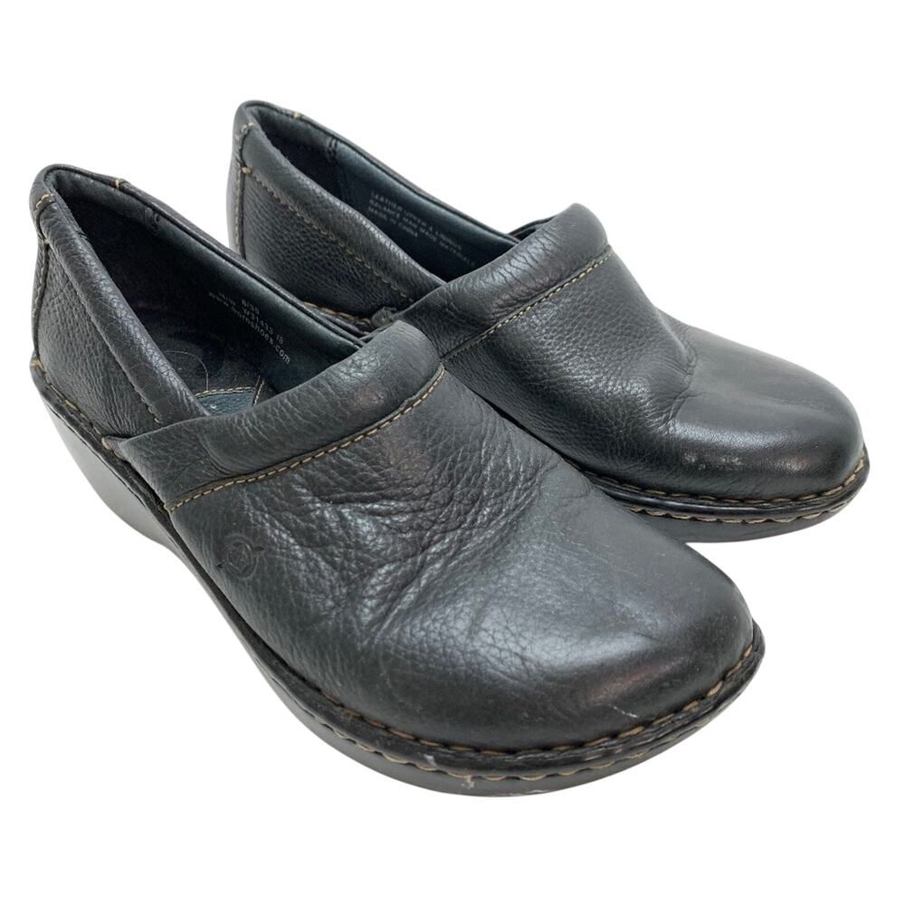 BORN Genuine Leather Black Clogs Slip On Shoes Womens Comfort sz 8
